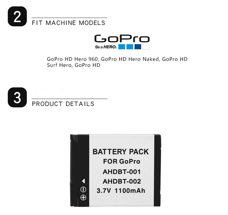 Dinto 2 шт AHDBT-001 AHDBT-002 AHDBT001 AHDBT 002 1100mAh 3,7 V литий-ионный аккумулятор для Gopro HD Hero 1 2 960 голый герой серфинга