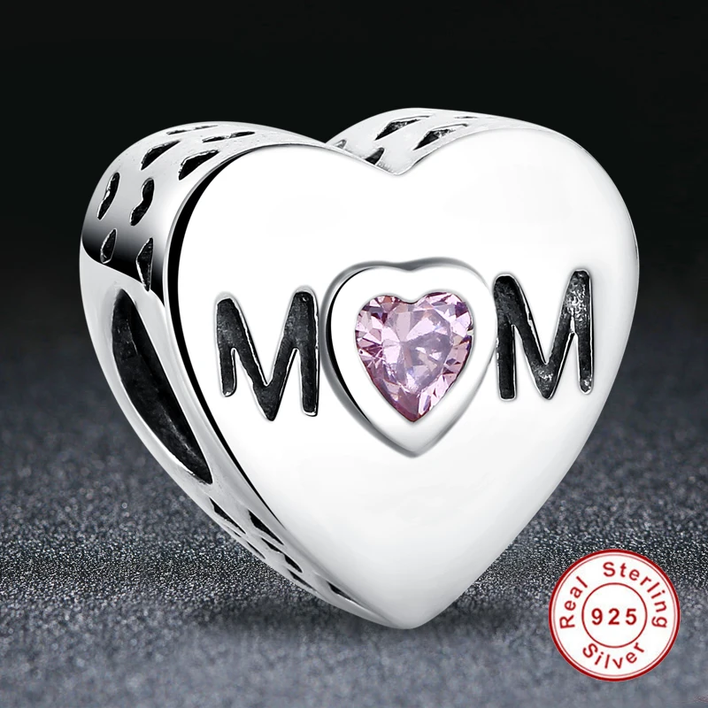 ELESHE 925 Sterling Silver MOTHER HEART Charms Fit Original Bracelet Necklace Jewelry Accessories With Pink Heart-Shaped Stone
