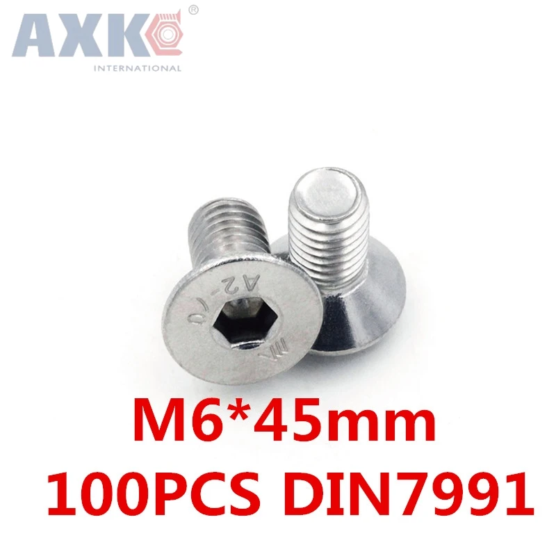 AXK 100 шт./лот M6 x 45 мм DIN7991 sus304 inox Шестигранная плоской потайной головкой винт для