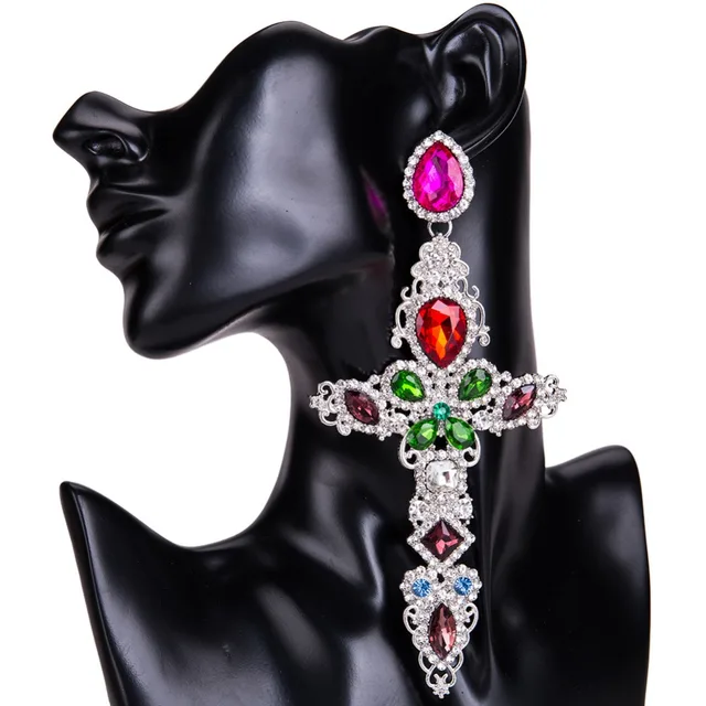Baroque Gold Color Cross Earrings For Women Large Long Baroque Gold Color Cross Earrings For Women Large Long Jewelry Brincos Rhinestones Dangle Bijoux 2018