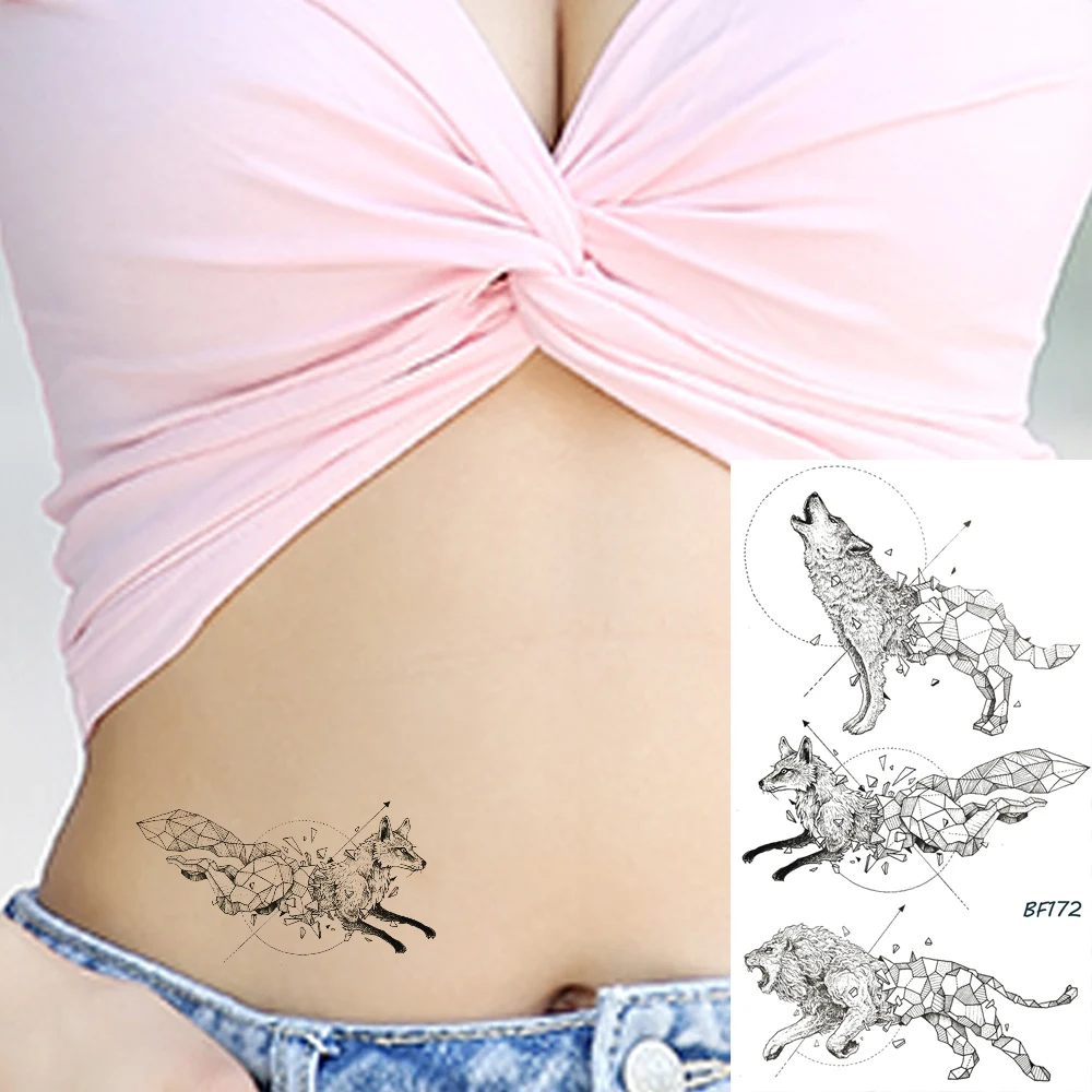 Черная Маленькая временная татуировка VANKIRS, Женская наклейка на тело, руки, мужской геометрический волк, брелок, лиса, тату, Лев, эскиз