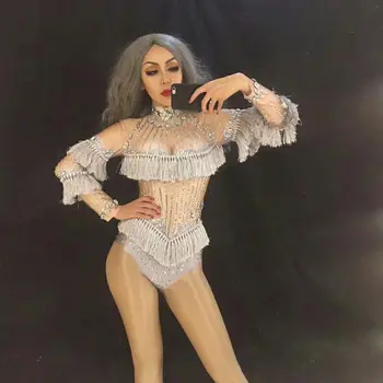 

Shiny Crystal Jumpsuit Costume Female Fashion High-end Sexy Crystals Tassel Bodysuit Costumes Rhinestones Silver Stage Outfit