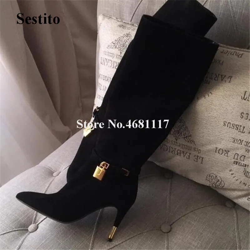 

Women Brand Fashion Pointed Toe Gold Metal Lock Chains Design Knee High Thin Heel Boots Suede Leather Long High Heel Boots