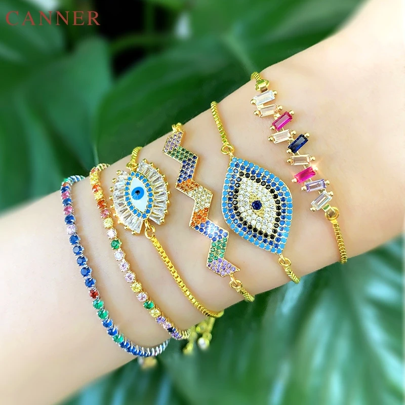 Colorful Crystal Rhinestone Bracelets for Women Full Cubic Zirconia Bracelet Bangle Gold Color Evil Eye Bracelet Femme C40