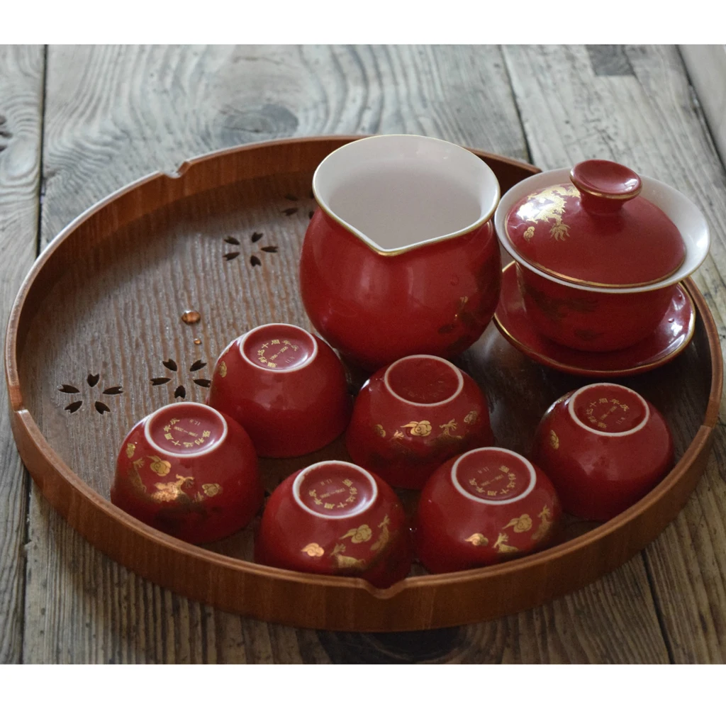 6 Types Serving Tray Wooden Tray Japanese Style Tea Home Hotel Guest Room Dish Round Wood Trays with Hollowed-out Cherry Blossom