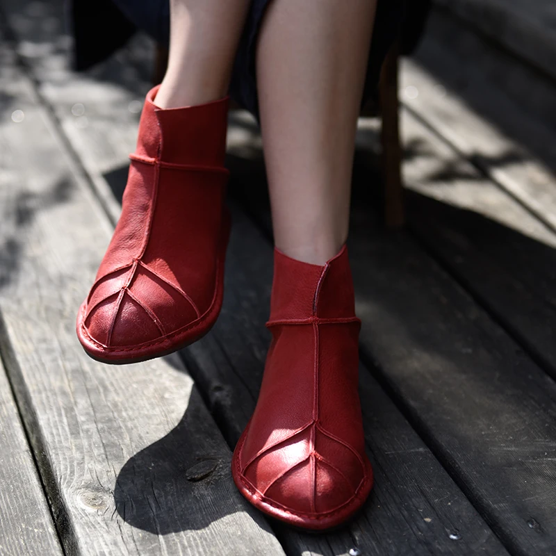 

Artmu New Women Short Boots Casual Flat Ankle Boot Handmade Genuine Leather Shoes Round Toe Comfort Woman Shoes Fashion