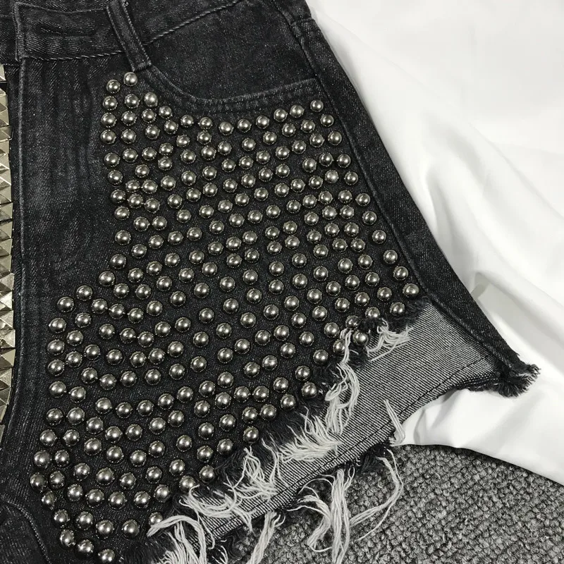 Оптовая продажа Нерегулярные заклепки бисер Широкие джинсовые шорты женские Высокая талия заклепки бисер панк уличный стиль горячие