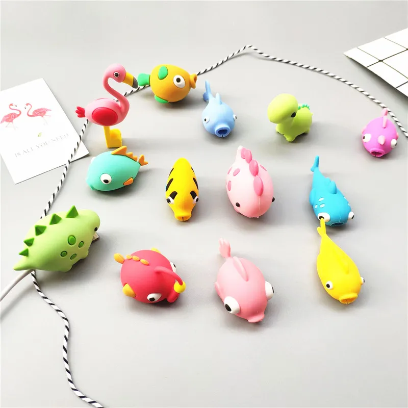 

SIANCS Cartoon Cable Bite Protector Cute Doodle Fish Dinosaur For iPhone Usb Cable Organizer Winder Wire Cable Holder