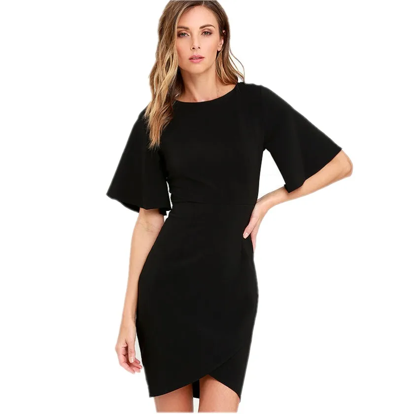 FD3481 Lady Elegant Half Flare Sleeve Knee Dress Vestidos Robe Asymmetrical Hem Ruched Slim Waist Solid Black Smart Dresses | Женская