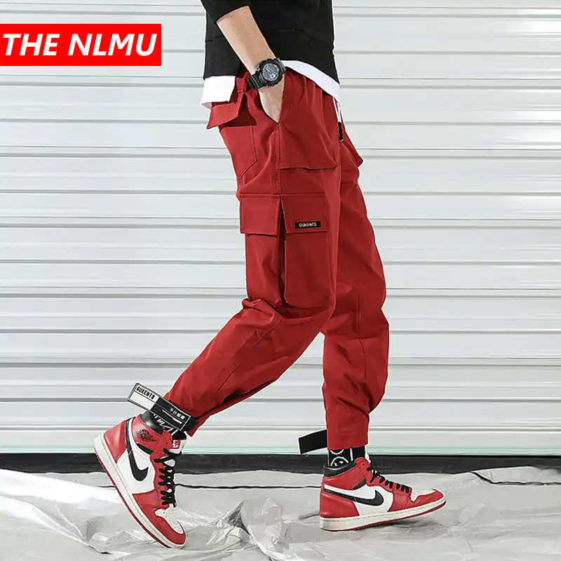 red cargo joggers