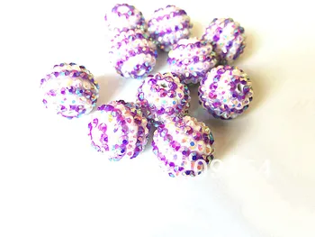 

20MM White With Purple Striped Resin Rhinestone Ball Beads,Chunky Beads For Kids Jewelry Making 100pcs /lot