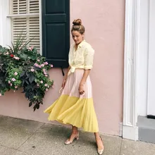 Шикарные разноцветные гофрированные шифоновые юбки для женщин, розовые с желтым Saias, изготовленные на заказ, на молнии, длиной до щиколотки, модная женская юбка