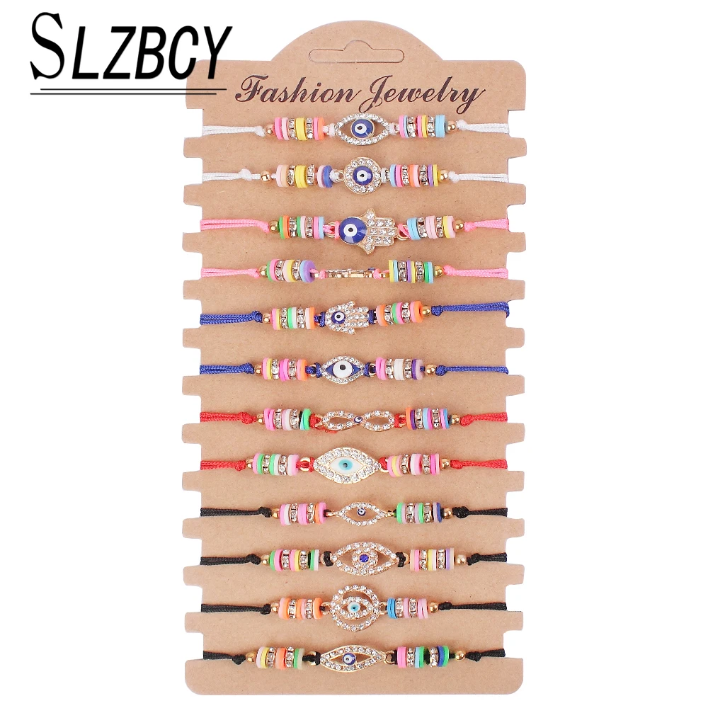 

Bohemia Rhinestone Hamsa Hand Charm Bracelets Sets Women Adjustable Evil Eye Weave Bracelet Heart Wristband Fashion Jewelry 12pc