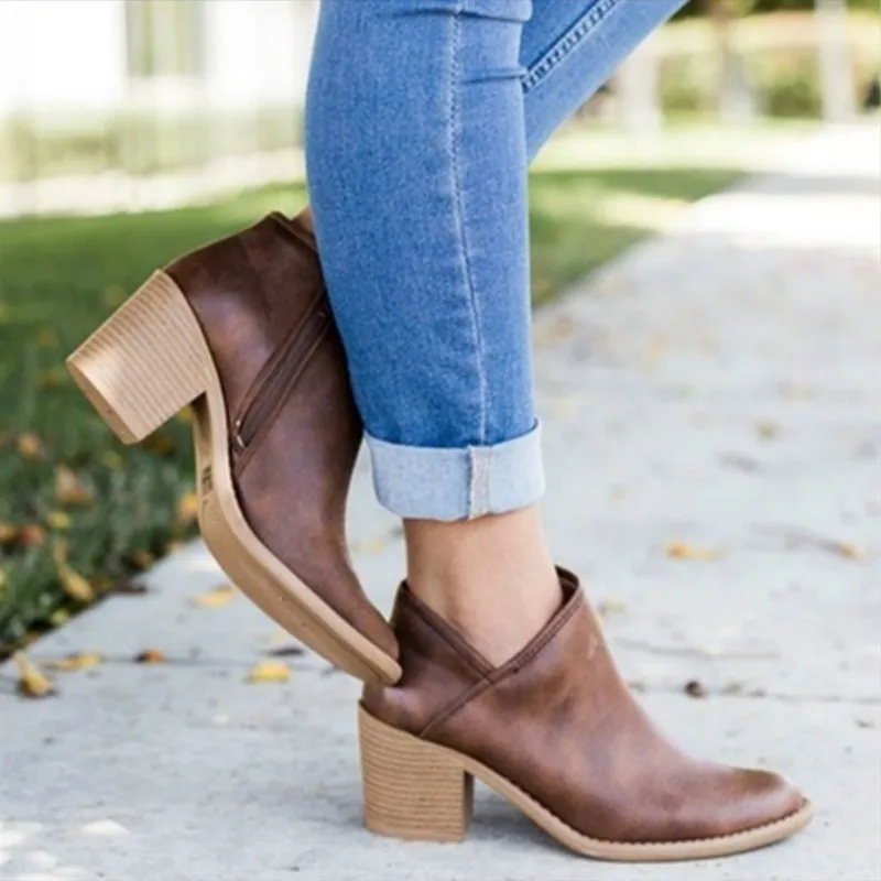 

Women Shoes Retro High Heel Ankle Boots Female Mid Heels Casual boots