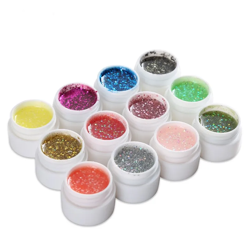 12 Pots Glitter Colors UV Gel Nail Art Tips Shiny Cover Extension