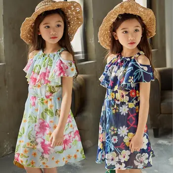 

Girls Dress 2019 Summer Kids Floral Print Chiffon Dresses For Girls Bohemia Dress Children vestido Costumes For 6 8 10 12 14 Yrs