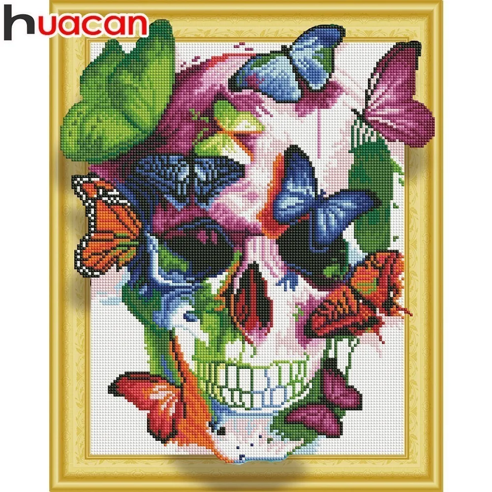 

Huacan Diamond Embroidery Cross Stitch Skull Full Drill Round 5D DIY Diamond Painting Butterfly Diamond Mosaic Home Decor 40x50