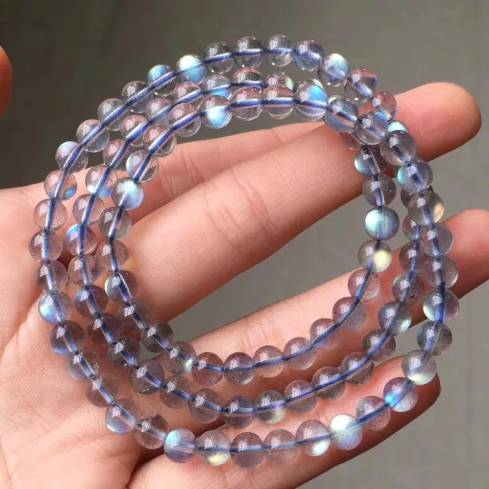 

6mm Natural Blue Light Labradorite Necklace Three Laps Bracelet Jewelry For Women Men Gift Crystal Moonstone 108 Beads AAAAA