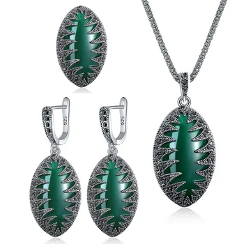 

Ajojewel Vintage Water Drop Green Stone Jewelry Set Black Rhinestone Antique Jewellery Necklace Earring Ring Sets
