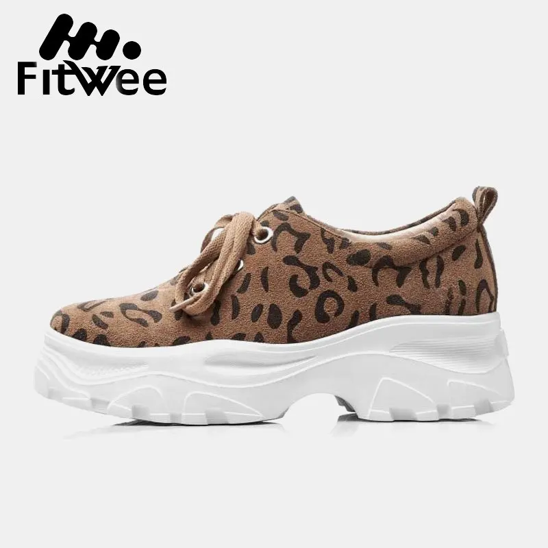 

FitWee Women Sneakers Real Leather Sports Shoes Women Fashion Leopard Thick Bottom Strap Trainers Walking Footwear Size 34-39