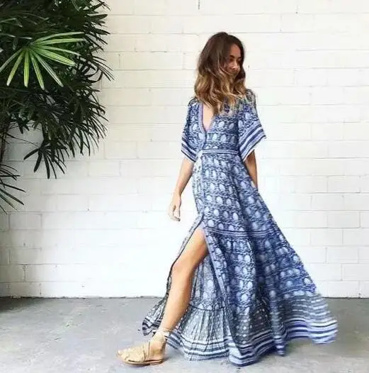 Woman Spliced Hollow Out lacing up Half Sleeve Swing Dresses BOHO Deep V neck Open Buttons Blue Floral Long Dress