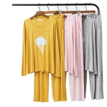 

2019 Spring And Autumn Ladies Pajamas Set Cartoon Ice-Cream Printed Women Soft Loose Modal Comfort Homewear Female Casual Wear
