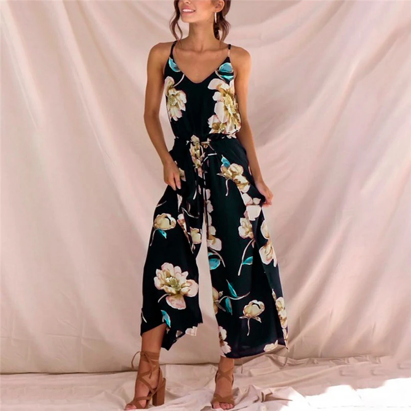 Womens Summer Jumpsuit Lady Boho Strappy Floral Sleeveless Sling Long Trouser Playsuits Jumpsuit Rompers Holiday Clubwear #J25 (3)