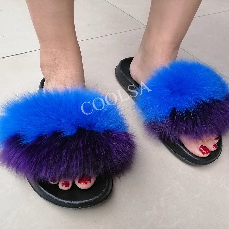 COOLSA Hot Women's Striped Plush Fur Slippers Super Fluffy Furry Fox Fur Slides Travel Quick Drying Beach Flip Flops Plus Size