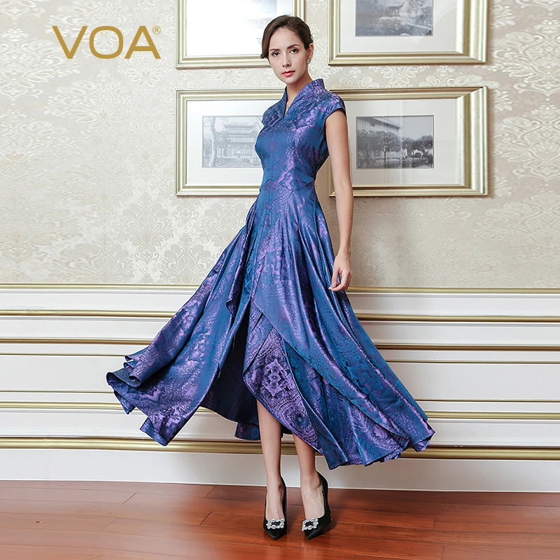 

VOA 2018 Fall Fashion Purple Heavy Silk Jacquard Vintage Chinese Style V Neck Dress Plus Size Women Slim Maxi Dresses ALX11601