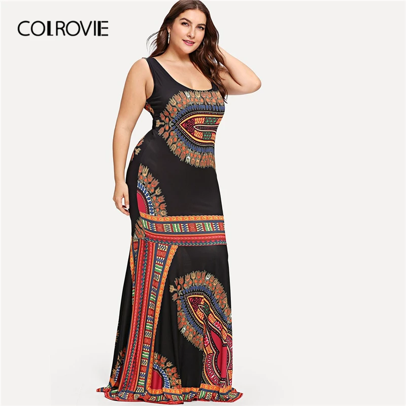 

COLROVIE Plus Size Scoop Neck Geometric Print Fitted Boho Tank Dress Women 2019 Summer Sleeveless Beach Ladies Sexy Maxi Dresses