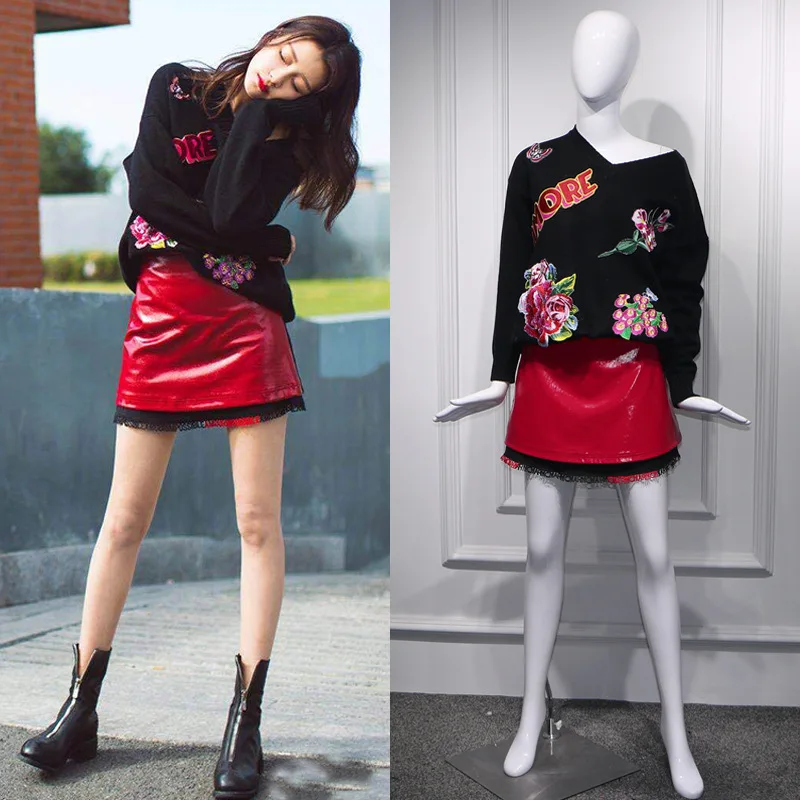 

Mingxingsunyi's Same Black Embroidery Flower V Shoulder Sweater Lazy Tie 2019 Pullovers V-Neck Cashmere Black Sweater Women