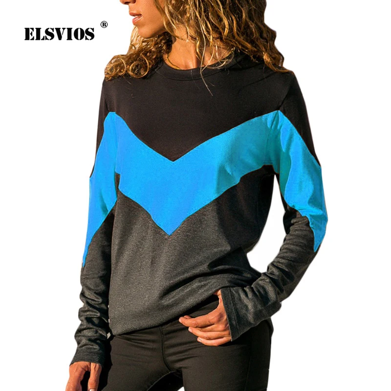

ELSVIOS Women Autumn patchwork hoodies 2018 Elegant Long Sleeve Contrast Colored O neck Top Shirt Harajuku basic cloth Femme