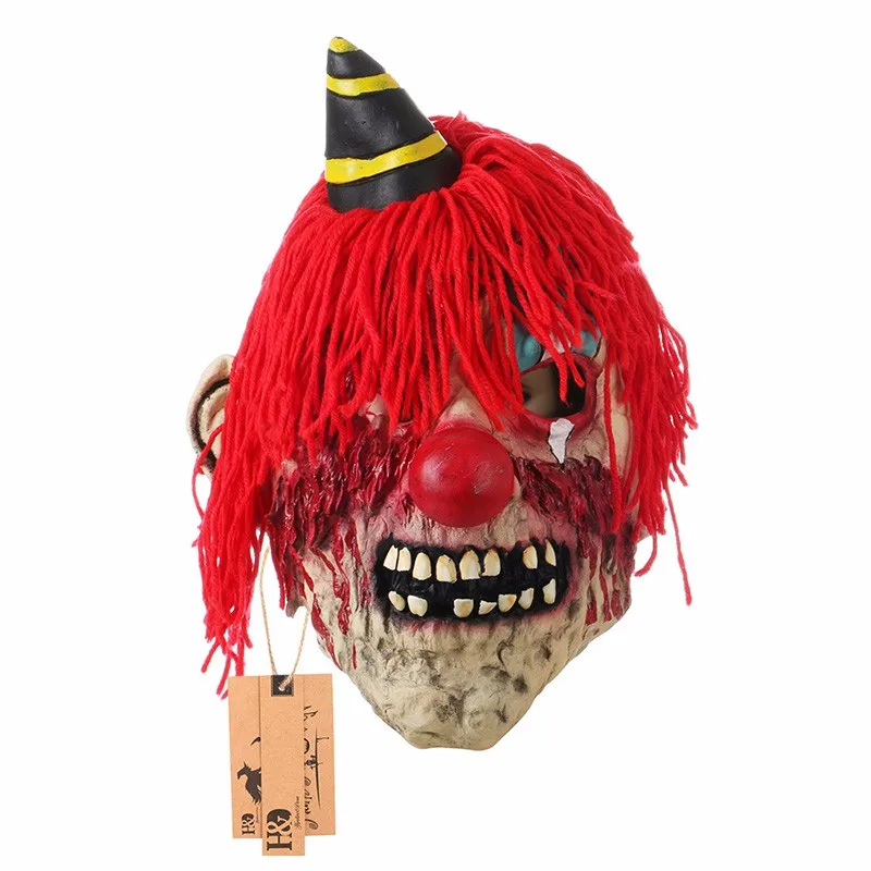 Scary Red Hair with Hat Clown Mask Scald Full Face Cosplay Horror Masquerade Adult Ghost Mask Halloween Props Pary Decor