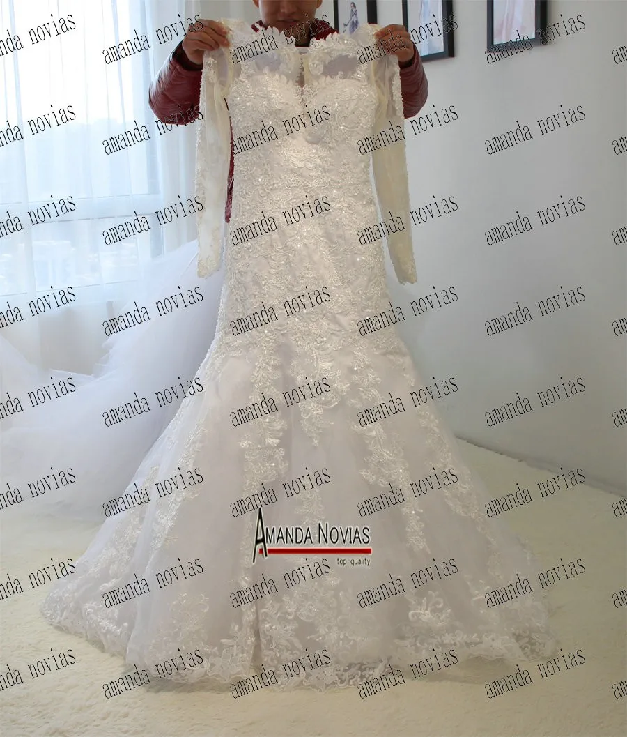 Новый дизайн кружева длинный рукав аппликация русалка свадебное платье 2019