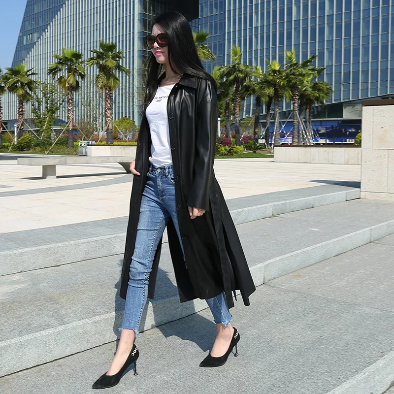 

Black PU Leather Women Long 2019 Spring New Korean Version Lapel Skinny Strap Waist Windbreaker Student Coat Black Jackets