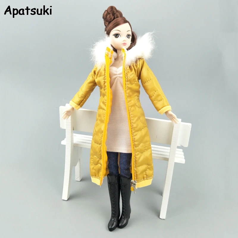 Желтое зимнее длинное пальто для куклы Барби, наряды, парка для 1/6 BJD, Одежда для куклы, зимняя одежда, куртка 1:6, аксессуары для кукол, детская