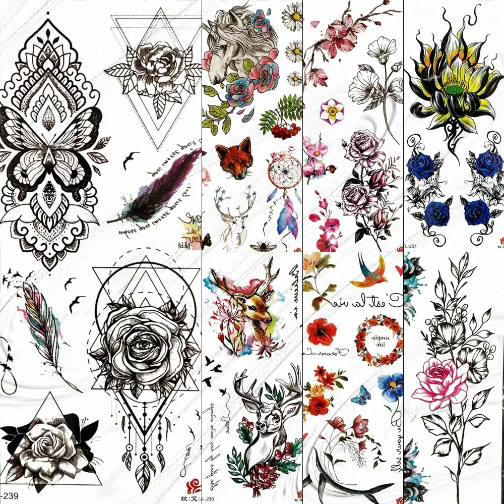 وردة هندسية كبيرة لصاقات وشم مؤقت للنساء مثير هيئة الفن الساقين 