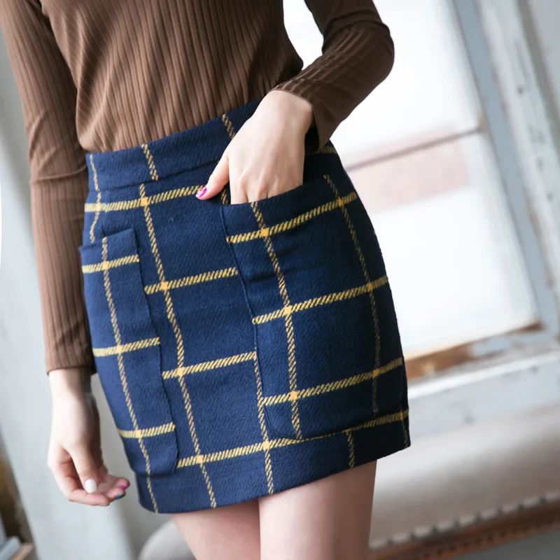 Autumn New Fashion Plaid Mini Skirt Bag Hip High Waist Skirt with