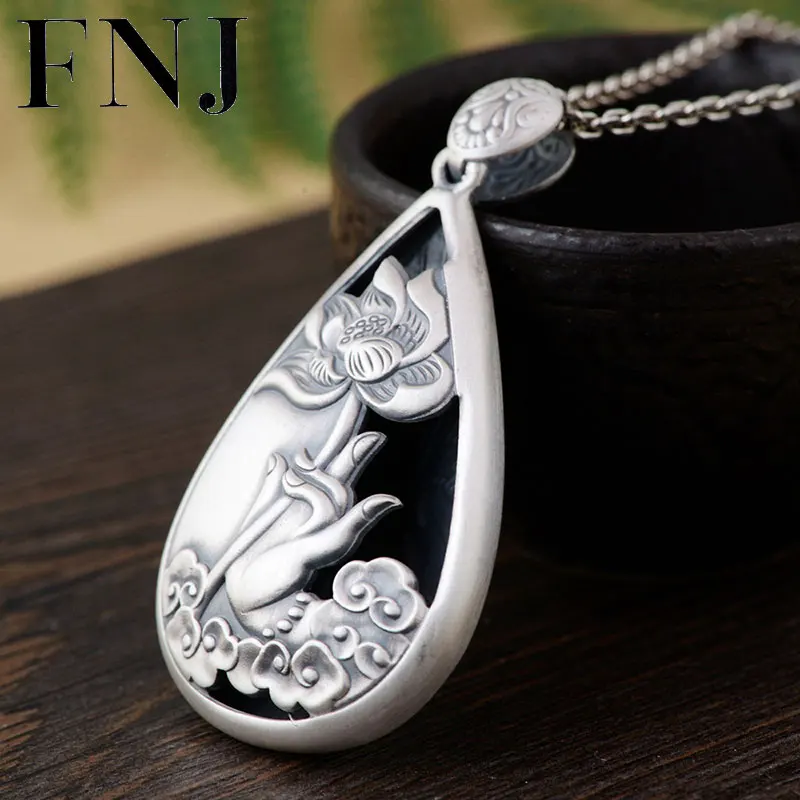 

FNJ 925 Silver Lotus Pendant Hand Buddha Original S925 Thai Silver Pendants for Women Men Jewelry
