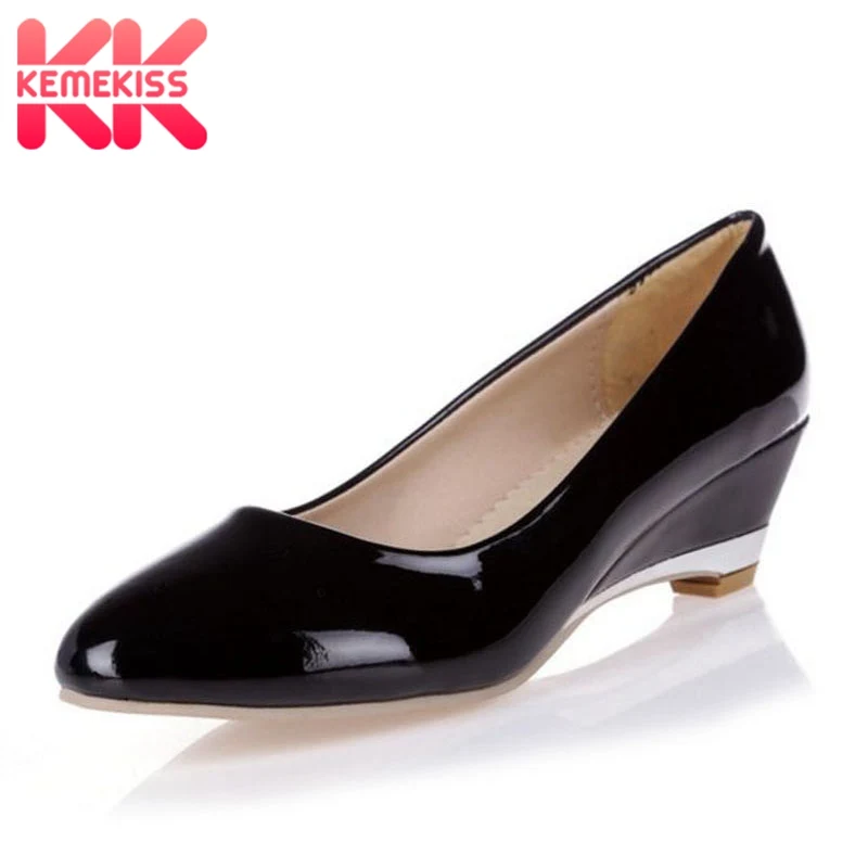

KemeKiss Plus Size 28-52 Dropshipping Women Wedges Shoes Round Toe Patent Leather Sexy Fashion Shoes Daily Party Club Footwear