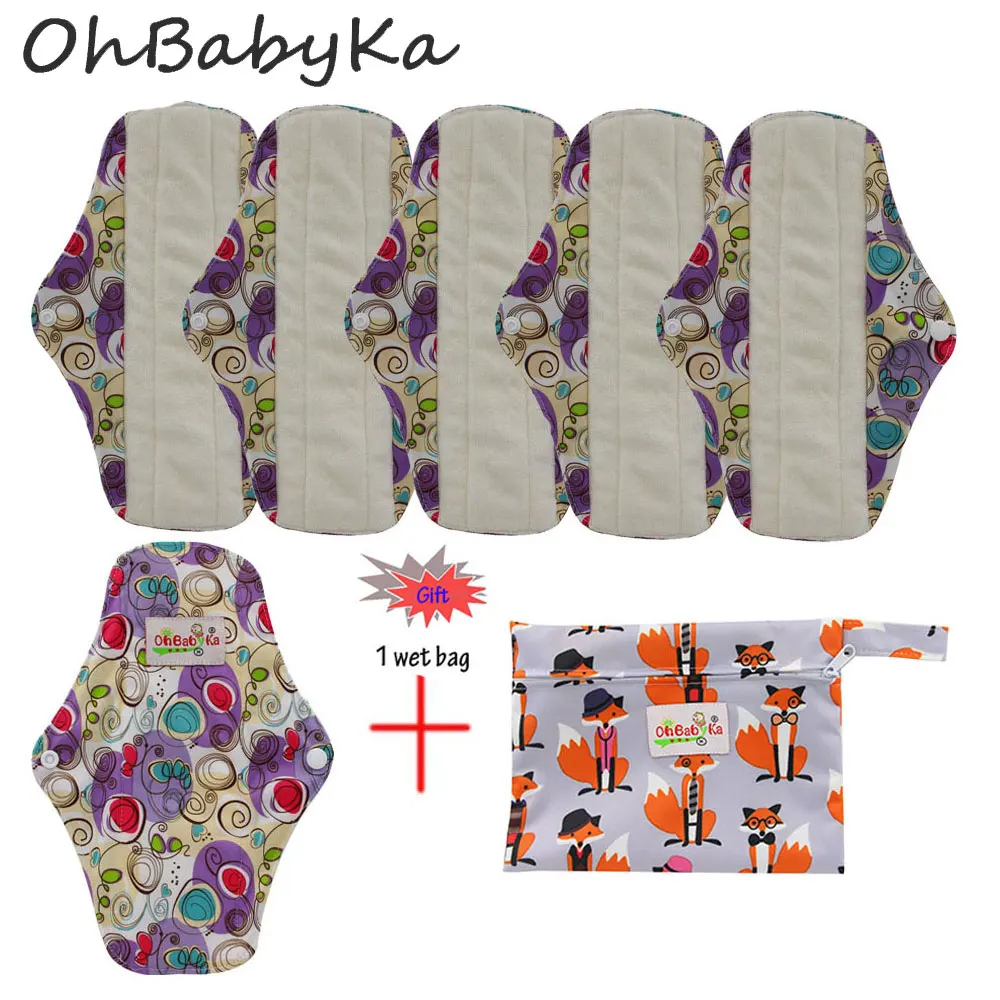 

Ohbabyka Bamboo Reusable Sanitary Pads Flowers Print Cloth Sanitary Pads Cloth Pads Washable Menstrual Pads 6pcs+1mini Wet bag