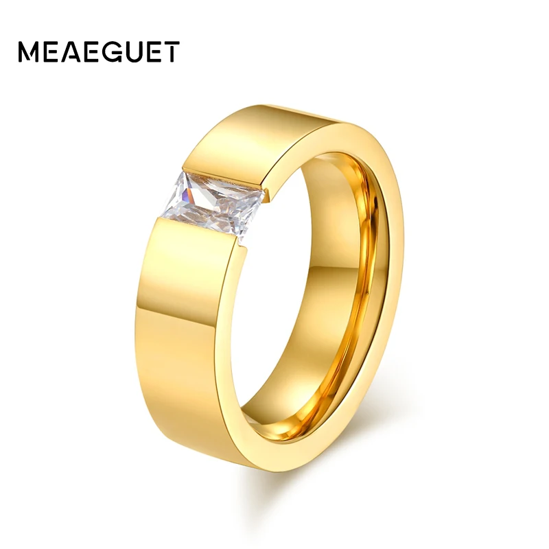 Meaeguet 6MM Wide Stainless Steel Men's Wedding Rings Black/Gold Color Wedding Ring Bijoux Crystal Stone Fashion Anel Jewelry