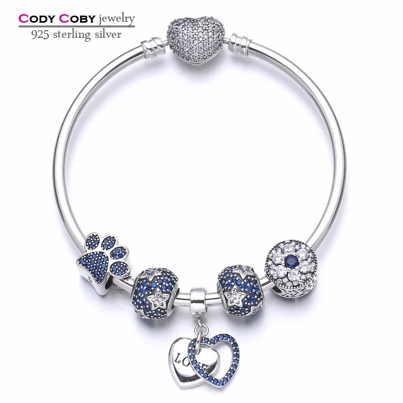 

925 sterling silver heart bracelets & bangles with blue star beads paw print DIY charms for cody coby charms women fashion