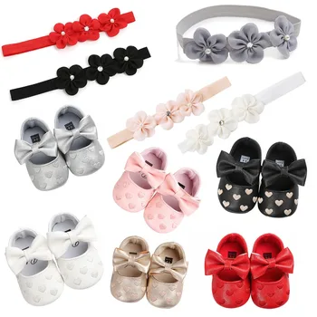 

Hot 2019 Red Hearts Baby Shoes Girls PU Leather Bow Headbands Sets + Girls Toddler Princess Sapatos De Bebe Menina Baby Shoes