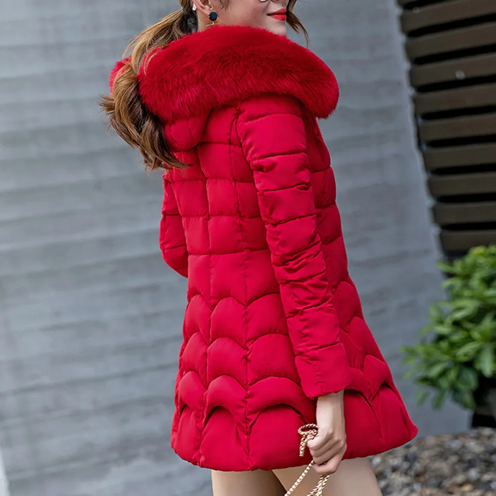 Plus size Women winter Hooded Outwear Warm Coat Long Thick Fur Collar Cotton Parka Slim female jacket manteau femme Black red