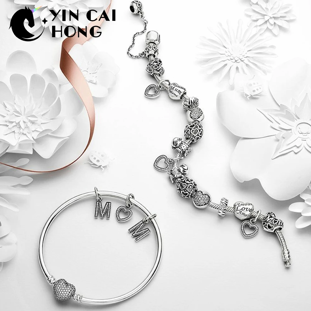 

YCH 100% 925 Sterling Silver Heart-shaped String Charm Charm Bracelet Bangle Set Mother's Day Customizable Message Size