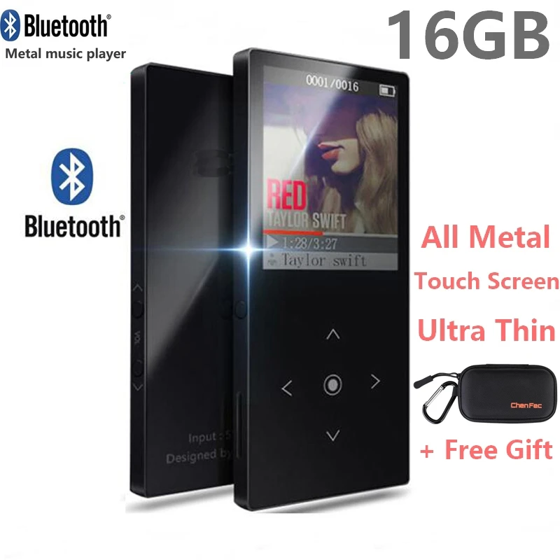 16 Գբ հպման կոճակ Bluetooth MP3 երաժշտական ​​նվագարկիչ Ուլտրա-բարակ գունավոր էկրանով Hi-Fi Sound Walkman Ընդարձակելի է մինչև 64 GB + mp3 նվագարկիչ