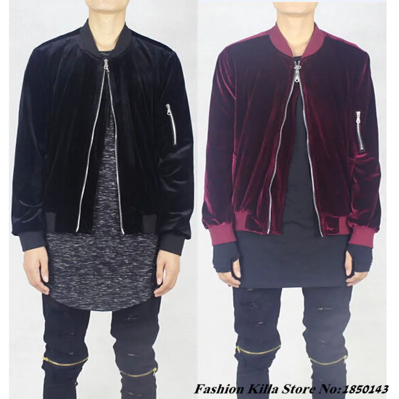 2016 New Fashion Black And Maroon Velour Velvet Mens Bomber Jackets Zipper Up Designer Clothes