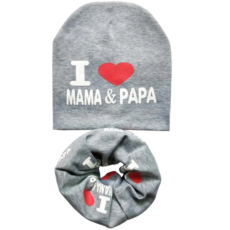 Grey MAMA PAPA set Новая осенне-зимняя детская шапка, комплект для мальчиков и девочек, шарф на шею, весенний теплый шейный платок, детские вязаные шапки, комплекты, хлопковая детская шапка, шарф - Цвет: Grey MAMA PAPA set
