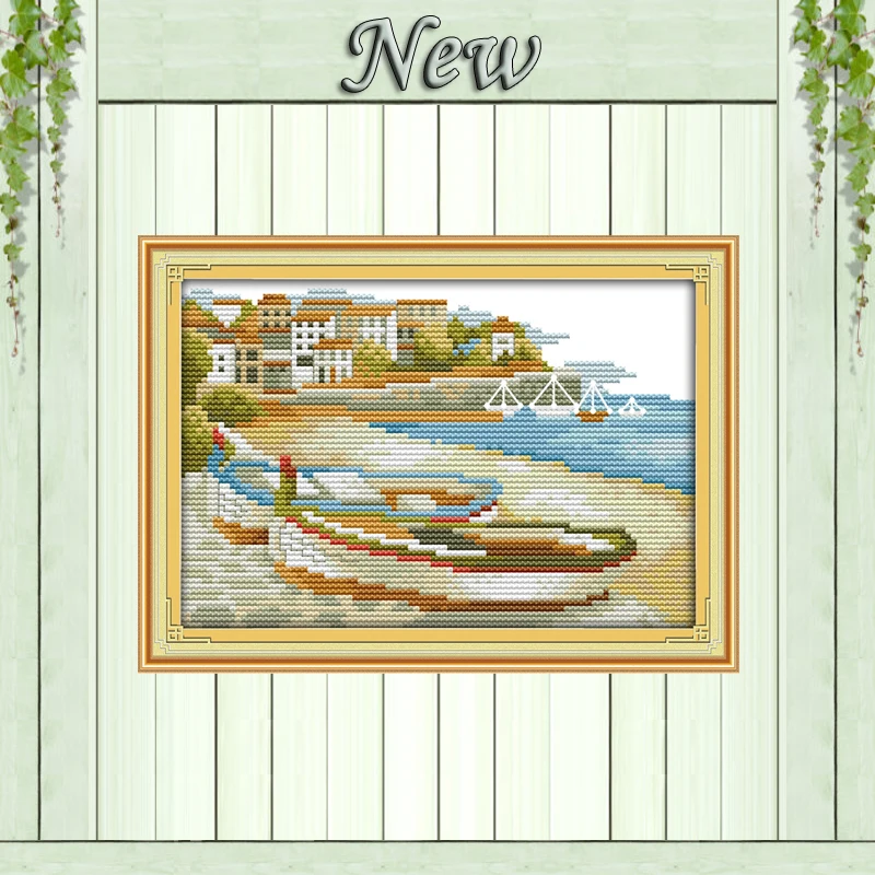 

Sampan seaside beach house scenery paintings counted printed on fabric DMC14CT 11CT Cross Stitch Needlework kits Embroidery Sets